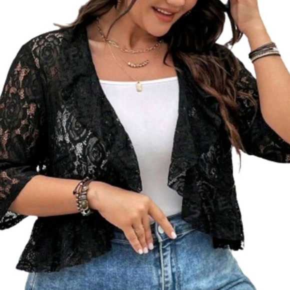 PRETTY ☆ MIDNITE BLACK ☆ RUFFLED ☆ FLORAL LACE  SHRUG ☆ NWT - Picture 2 of 8